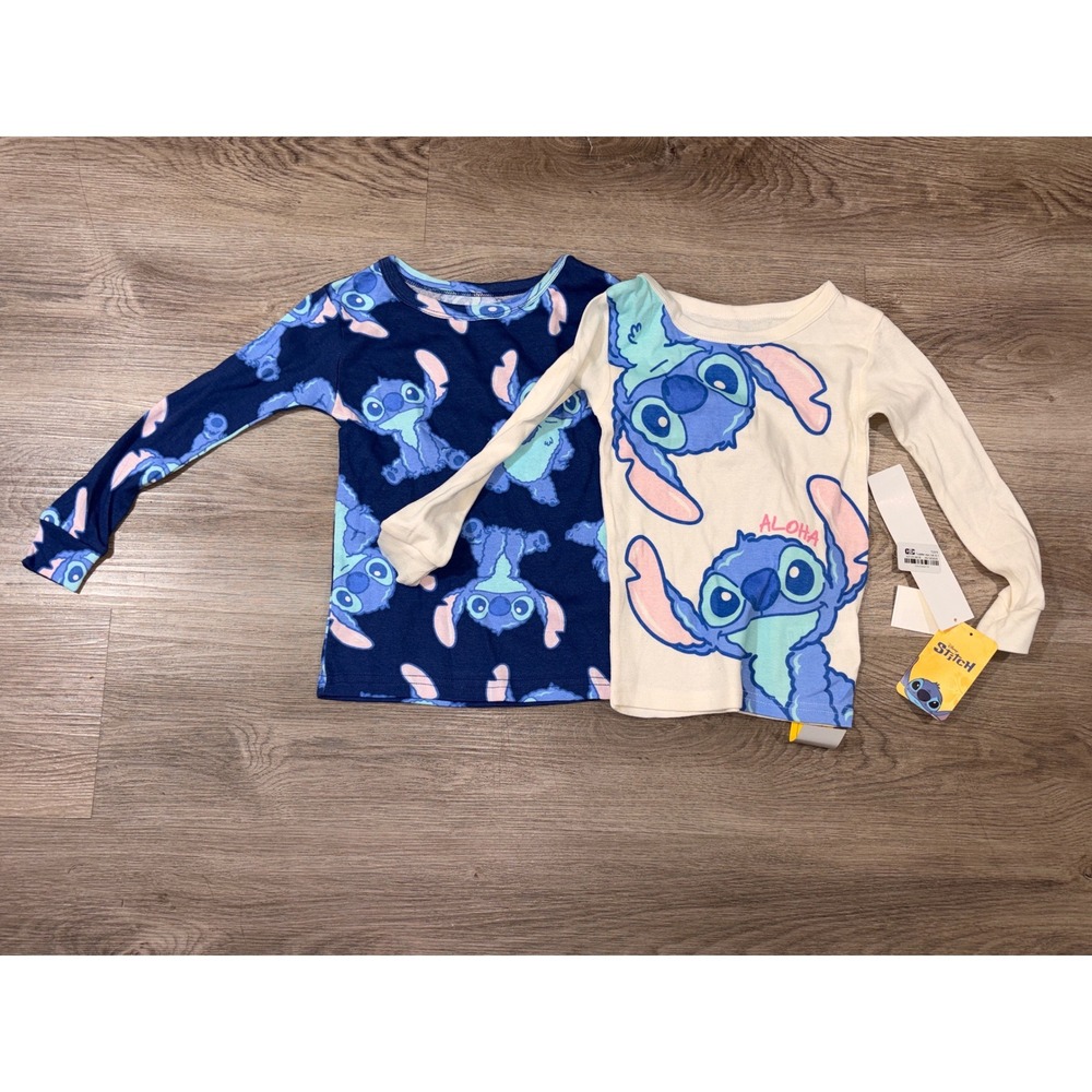 Disney Stitch Toddler Boys 2-Pack Long Sleeve Pajama Shirts Blue Cream 5T NEW